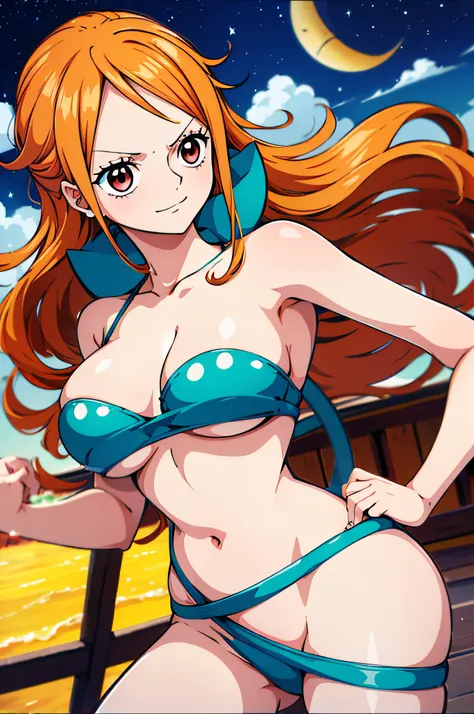 Generar una imagen realista de estilo anime de Nami de One Piece. Captura su apariencia distintiva con cabello naranja, and a cheerful expression. Make sure the picture reflects your adventurous and confident personality as shown in the anime.., cuerpo com...