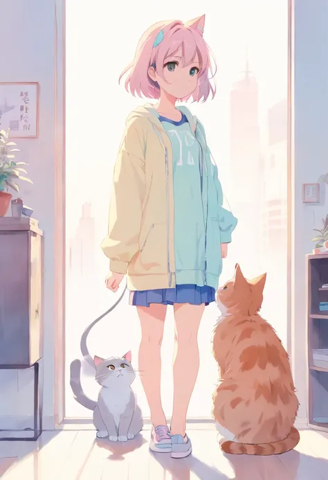 cat, fullbody,1 girl,
(pastel color:1.5),(cute illustration:1.5),(watercolor:1.2),white back ground,