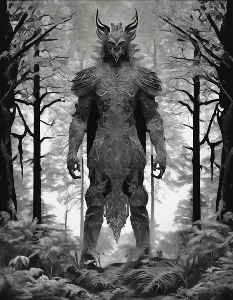 full body, mysterious demon, on the forest, captured in black and white, 1900s photograph, gelatine silver print, noise effect