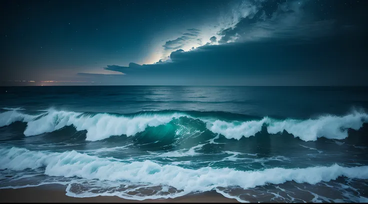 The sea and the sky are the same，Realistic photos of bioluminescent beach and bioluminescent waves taken by DSLR camera，canon eos 5d mark iv，Focus sharply with the correct lens，Highly detailed RAW photos，Shutter masterpiece，Professional photos of the highe...