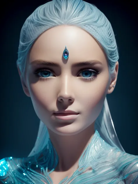 A Photograph of a captivating female extraterrestrial, her alluring form sculpted from glistening ice. Detailed realistic eyes. Bathed in ethereal, icy blue light, her elegant and intricate physique exudes a futuristic allure. Her gaze, a mix of mystery an...