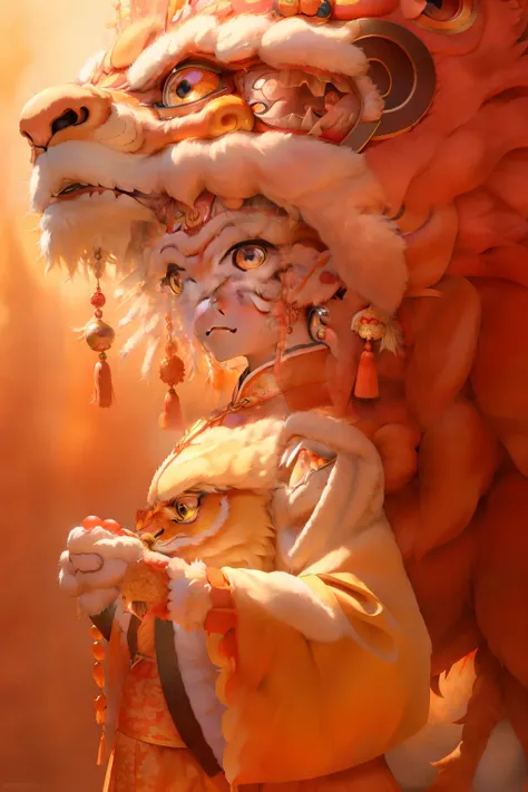 1girll, Clear facial features，looks into camera, Solo, lion_Dance,Clear face，lion dance，dynamicposes，Chinese clothes， Well-designed lions head design, Brightly colored lions, Traditional Chinese art, Expressive lion dance, Red lanterns，Chinese Year， China-...