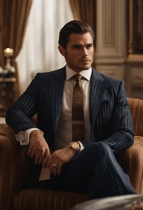 character sitting in a chair with arm raised, dark hair (neck length hair tied in a ponytail), nice pose, handsome man, pretty face, royal elegant pose, business man, (in a striped blazer), (The surrounding environment is a luxurious and classic living roo...