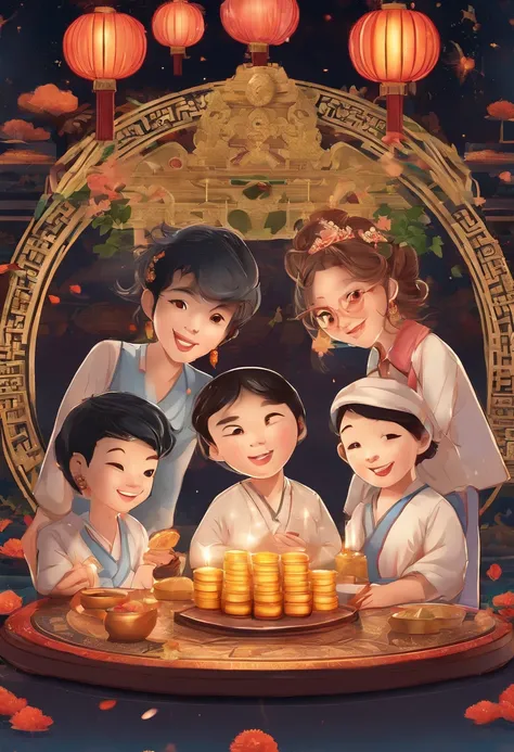 (top-quality、8K、tmasterpiece:1.3)、Full moon and stars in sky illustration，mid-autumn festival，The family sits together eating mooncakes,Mom and dad laugh with the kids，Have in the living room、Bright house scene，extremely detailed face and skin，Heartwarming...