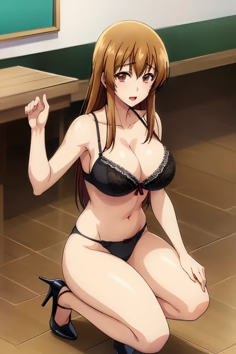 best quality, (masterpiece:1.2), highly detailed, 1girl, kotegawa nanaka, black bra, black panties, garterbelt,  lingerie, looki...