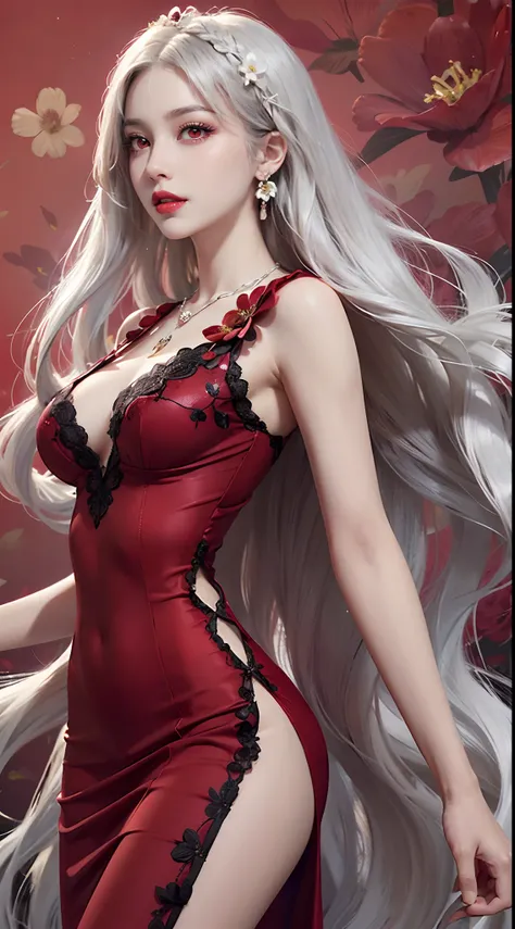 A beautiful and sexy 20 year old girl, ((wearing a super thin red dress:1.8)), diamond dress, ((long platinum hair:1.6)), bangs, elaborate jewelry made from gemstones beautiful sex and hair, ( ( wearing a black lace necklace:1.4))), aristocratic, noble sty...