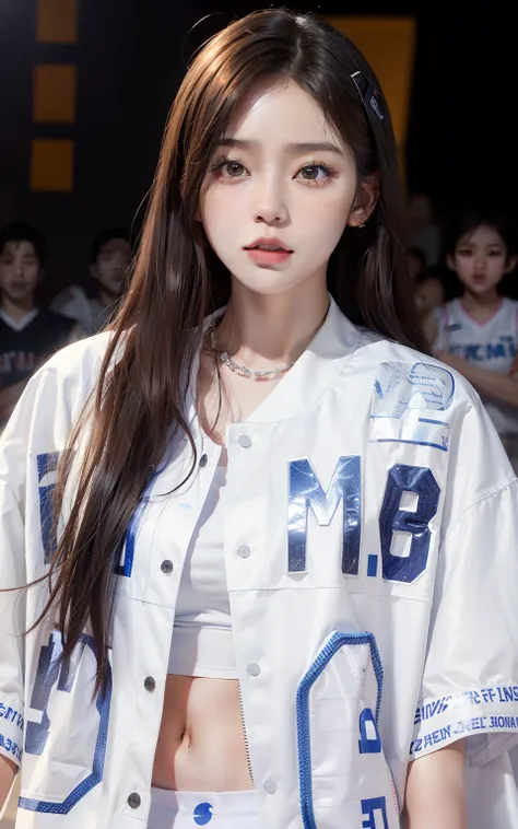 arafed woman in a white shirt standing on a basketball court, wearing basketball jersey, lee ji-eun, lee ji - eun, tzuyu from twice, 奈良美智, wearing a volleyball jersey, park ji-min, jaeyeon nam, air shot, shin min jeong, heonhwa choe, jinyoung shin