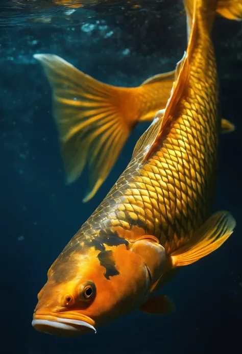 Carp have sparkling orange-yellow scales, fish tails and long fins shimmering like the Milky Way. The fish is swimming in the clear blue water