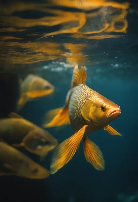 Carp have sparkling orange-yellow scales, fish tails and long fins shimmering like the Milky Way. The fish is swimming in the clear blue water