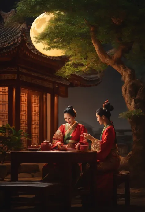 an osmanthus tree，Ancient architecture，Moon，Change，large moon，desks，Girl eating mooncake at table，