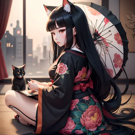 Nekomata Woman、Long black hair with bangs、Red peony pattern on black kimono、Bells in cat ears、Anime style、watercolor paiting