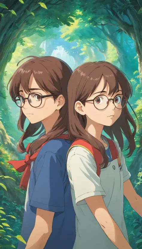 Two identical twin,one with glasses,long brown hair.