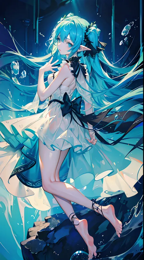 Masterpiece, best quality, high quality, 1girl, (((deep sea))), floating hair, (((underwater))), bubble, fish, jellyfish, beam of light, mystical, fantastical, floating, black short dress, sleeveless dress, blue green hair, super long hair, twin tails, blu...