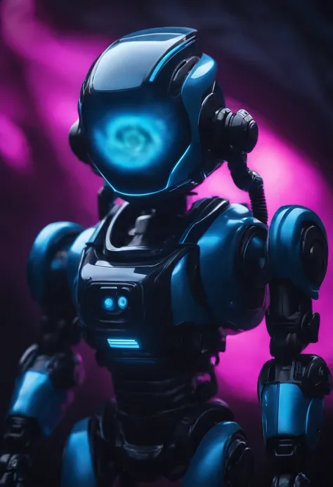 Create a surreal blue mini robot, Holding and the protoplanet, Neon effect and very realistic dark background