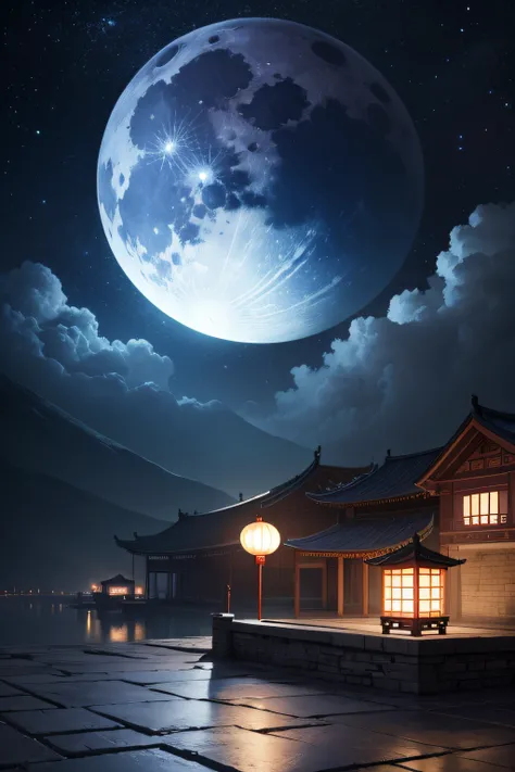 Chinese Mid-Autumn Festival，Night sky，large moon，There is a large area of blue-brick stone floor nearby，Side composition