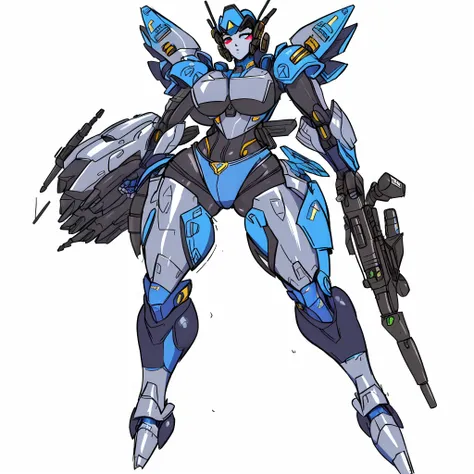 sexy, cute, big breasts, Mecha Maiden, A curvaceous android with sleek, metallic curves and a cutting-edge appearance. She has a wide array of detachable armor and weaponry, making her both alluring and formidable.a full body of a woman in a blue and gold ...