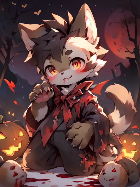 Masterpiece, Best quality, Bright eyes,, (Furry, coyote, Vampire costumes, Multicolored fur, Solo, Claws, Lick lip, blood in face, Halloween, Jack-o-lantern, Night, Blood Moon,Masterpiece, Best quality, Bright eyes, , Furry, coyote, Vampire costumes, Multi...