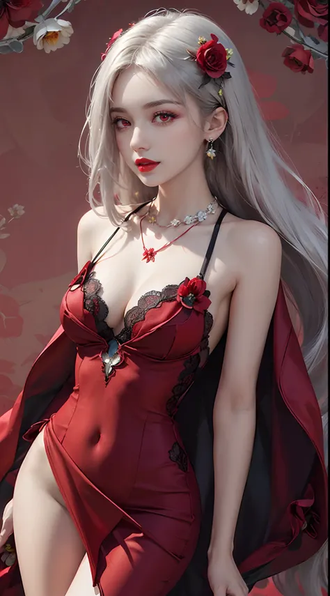 A beautiful and sexy 20 year old girl, ((wearing a super thin red dress:1.8)), diamond dress, ((long platinum hair:1.6)), bangs, elaborate jewelry made from gemstones beautiful sex and hair, ( ( wearing a black lace necklace:1.4))), aristocratic, noble sty...