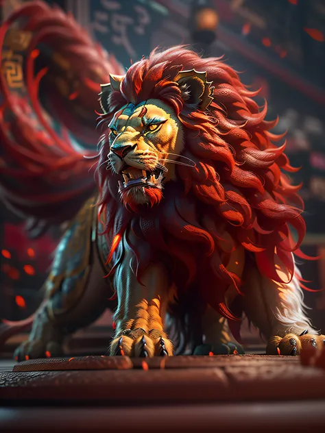 (the lion of the ancient chinese mythical beast+chinese mythology+full of life，red hair), hyperrealistic 3 d render, (masterpiec...