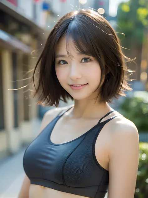 ((Best Quality, 8k, Masterpiece: 1.3)), Sharp Focus: 1.2, Perfect Body Shape: 1.4, Slender Abs: 1.2, (Layered Haircut, Big: 1.8), (Sports Bra: 2.0), (Jogging: 1.8), (Street: 1.2), Highly Detailed Face and Skin Texture, Detailed Eyes, Double Eyelids, Smile,...