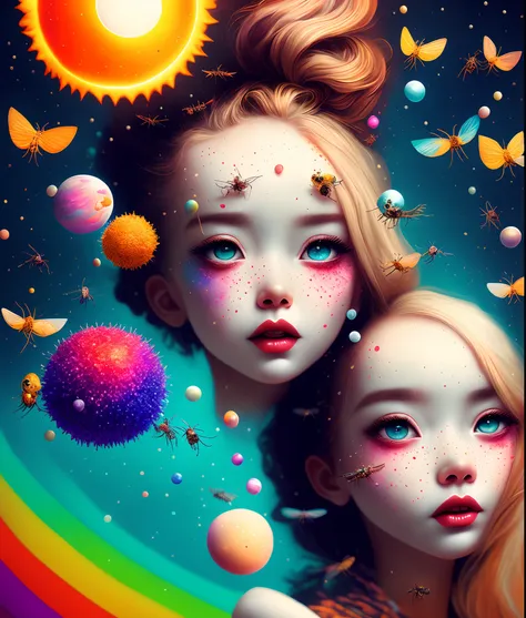 Color Pop Style, Photo photo portrait of the sun surrounded by satellites of orbiting planets, blonde spiky hair, natalie shau, Mark Ryden, Alberto Seveso, Brooke Shaden, Anna Dittmann, Flora Borsi, 8K resolution, Perfect composition, Milky way, Rainbow Co...