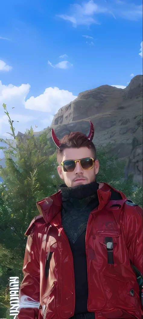 ((1men)), ((short hair)), (( Gorgeous face),(( Celtic Mysterious Forest)), ((red horn)), ((black glasses)), ((realistic)), ((brown hair)), ((red jacket)), ((extremely detailed futuristic)),