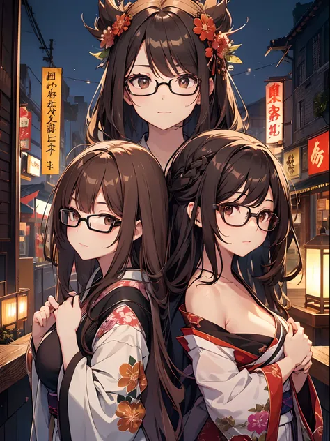 1人の女性、brown haired(Curta)、Brown eyes、Black-rimmed glasses、 Best Quality、ultra-detailliert、8K resolution、Raw photo、masutepiece、seductive boobs、gorgeous faces、Perfect body、kimono