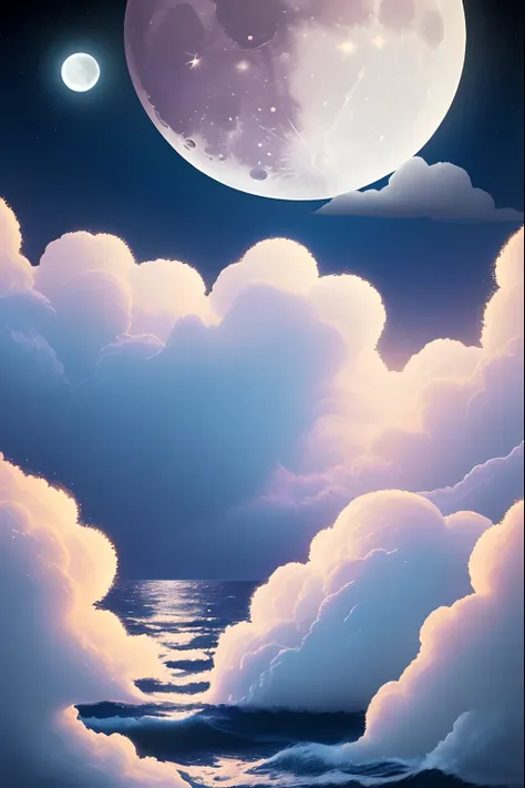 in the night of moon light seas, fluffy clouds, moon, sparkling stars, colorful, detailed, 8k, printable