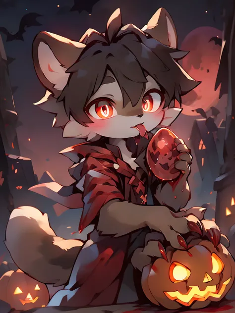 Masterpiece, Best quality, Bright eyes,, (Furry, coyote, Vampire costumes, Multicolored fur, Solo, Claws, Lick lip, blood in face, Halloween, Jack-o-lantern, Night, Blood Moon,Masterpiece, Best quality, Bright eyes, , Furry, coyote, Vampire costumes, Multi...