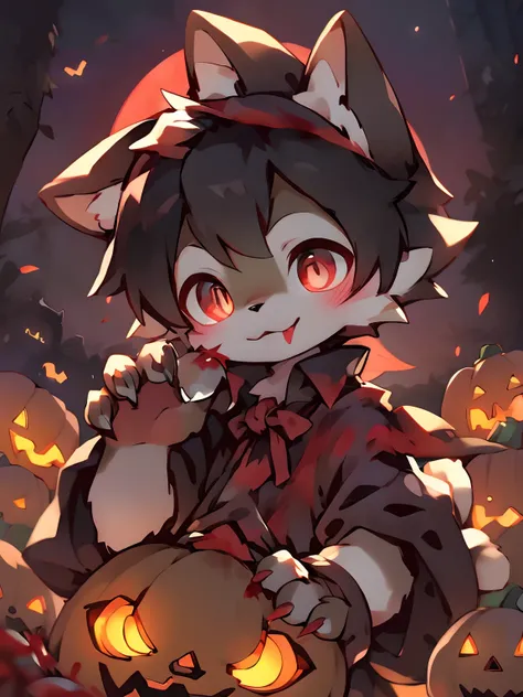 Masterpiece, Best quality, Bright eyes,, (Furry, coyote, Vampire costumes, Multicolored fur, Solo, Claws, Lick lip, blood in face, Halloween, Jack-o-lantern, Night, Blood Moon,Masterpiece, Best quality, Bright eyes, , Furry, coyote, Vampire costumes, Multi...