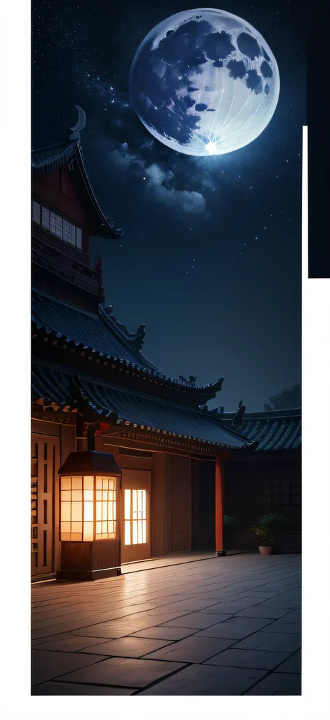 Chinese Mid-Autumn Festival，Night sky，themoon，There is a large area of blue-masonry flooring nearby，Side composition