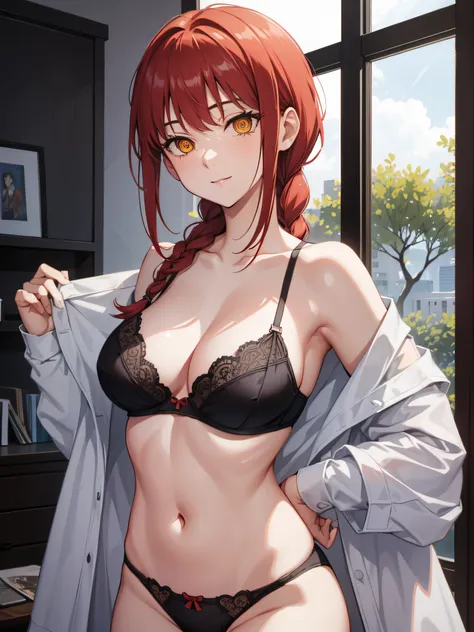 makima, makima, long hair, smile, bangs, small breasts, (yellow eyes:1.2), braid, red hair, braided ponytail, ringed eyes, bra, panties, black bra, black panties, portrait shot, upper body shot, face focus, closeup shot, only upper body shot, BREAK indoors...