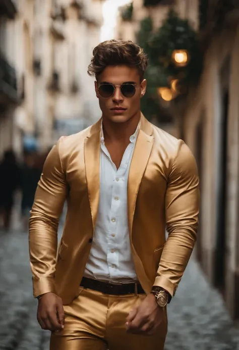 Homem branco jovem forte, com cabelos muito curtos e loiro muito claro dourado de etnia europeia. Ele deve estar em seu apartamento, de costas pra foto e sem camisa.