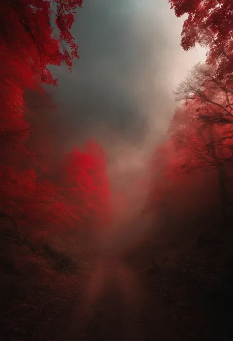 （Blood red sun），Spooky forest，Eerie smoke