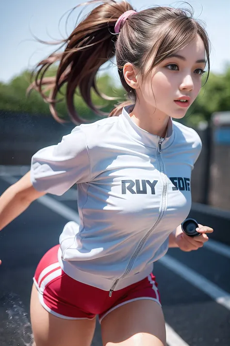 1 girl, solo, running, Gray Track Top, pink shorts, ponytail, athletic build, dynamic brushstrokes, fluid movement, capturing the essence of her athleticism and energy, using light colors and soft tones to create a dreamy and ethereal atmosphere, portrayin...