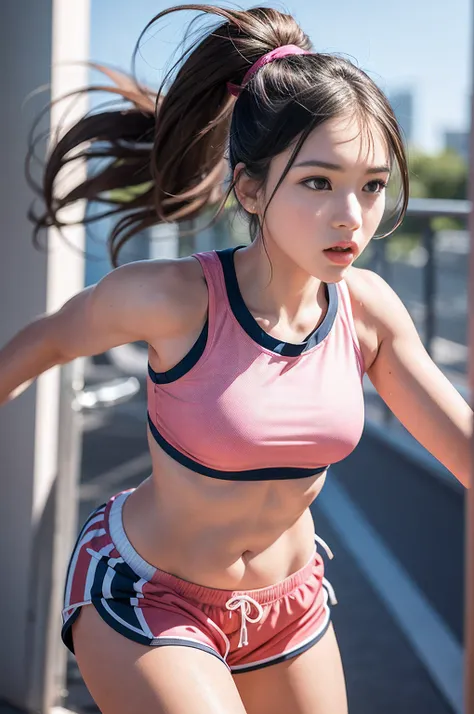 1 girl, solo, running, Gray Track Top, pink shorts, ponytail, athletic build, dynamic brushstrokes, fluid movement, capturing the essence of her athleticism and energy, using light colors and soft tones to create a dreamy and ethereal atmosphere, portrayin...