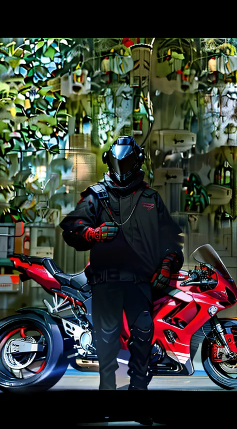 There was a red motorcycle on the street and a man standing next to it, holding helmet, wearing a round helmet, hev suit, helmet on, helmet on, without helmet, vantablack cloth technology, vantablack gi, wearing techwear and armor