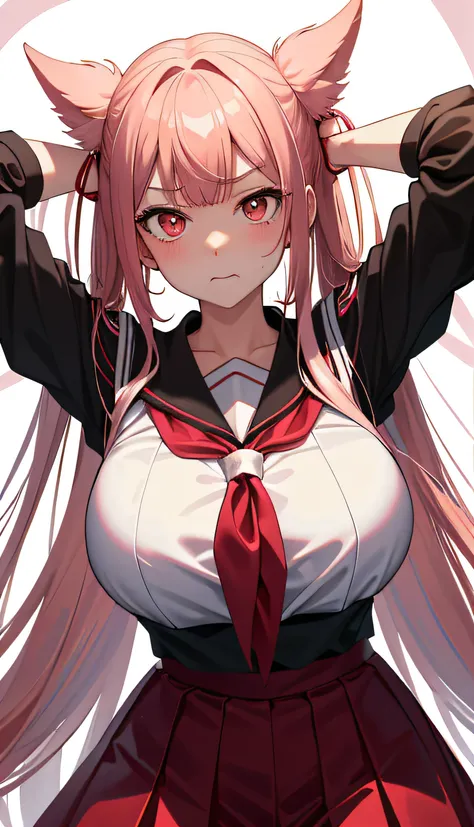 1个Giant Breast Girl，Look away slightly，Be red in the face，is shy，Mouth closed，Mouth bites the head rope，Vivid expressions，Japanese high school uniform，Squart-drenched uniforms，serafuku，Sheer bra，Pink hair，long whitr hair，Light background