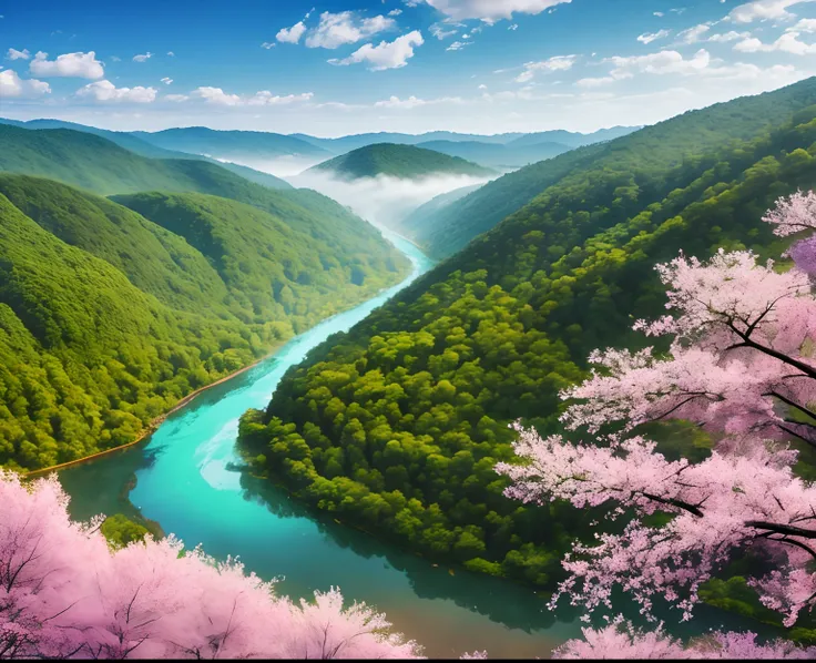 Forest with a river, scene seen from above、with underwater mist, Flowers are blooming、lots of trees, dense vegetation, nffsw, 4K