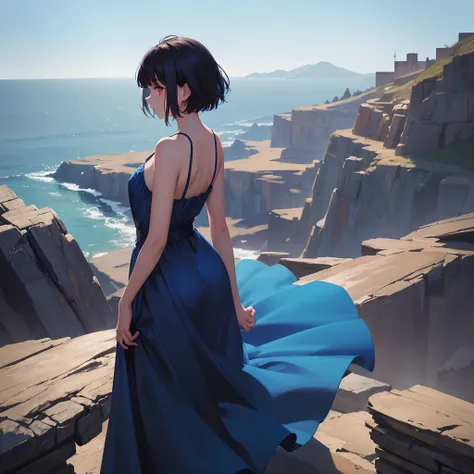 Masterpiece, best quality, aberrant colours, 1 girl, solo, (dim_lighting:1.3), far away view, (zoomed_out:1.3), shoulder look, long open dress over blue gown, loose short hair, black hair, glowing red eyes, dark colours, standing atop a high cliff