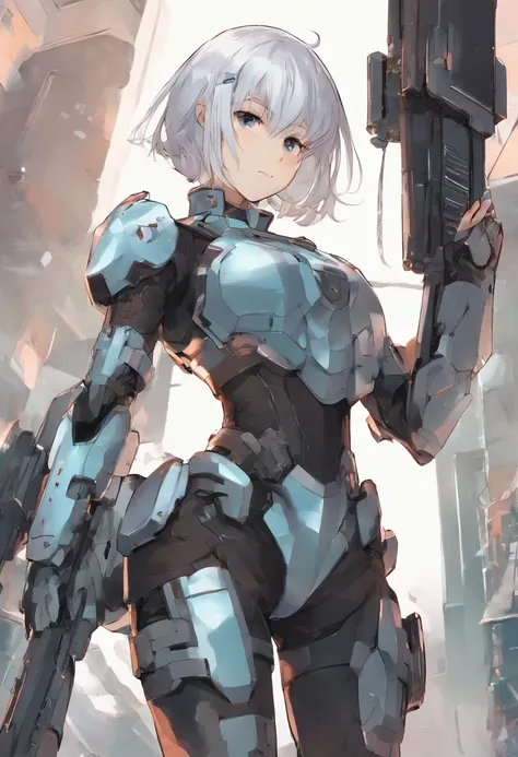 Girl with short-cut silver hair, Confident expression, tank top, overall shorts, Based on metallic blue mechanical armor parts, Reinforced arm with Gatling gun, Wilderness battlefields, single horsemen, soaring dust,