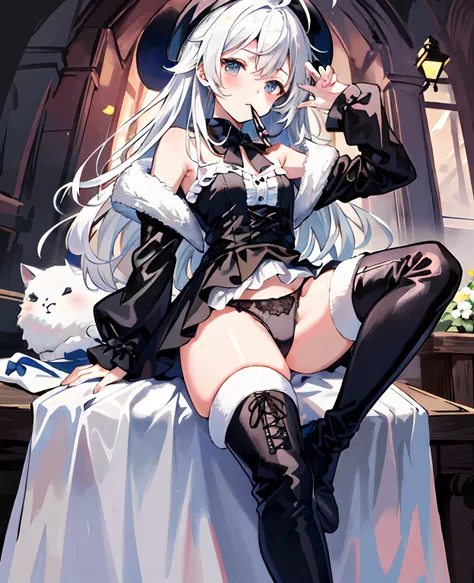 tmasterpiece， Best quality at best， ahoge， Hair over the shoulder， long  white hair，  blush of nose，  Gothic_Lolita， beret， hand_To_Mouth，thigh boots，Absolute realm，upper legs，thigh boots，Correct legs，Black thigh boots，Shoulders exposed，The reveal panties