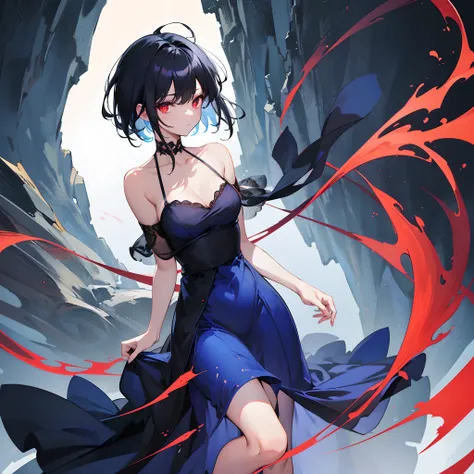 Masterpiece, best quality, aberrant colours, 1 girl, solo, (dim_lighting:1.3), far away view, (zoomed_out:1.3), shoulder look, long open dress over blue gown, loose short hair, black hair, glowing red eyes, dark colours, standing atop a high cliff