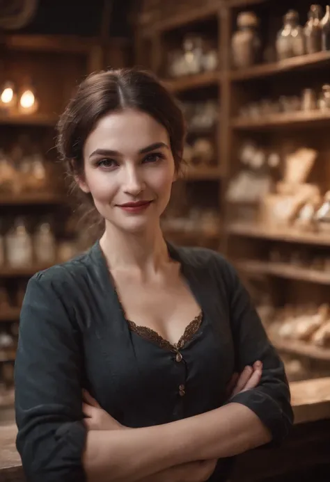 A witch stands behind the counter of her shop, greeting customers with a warm smile.