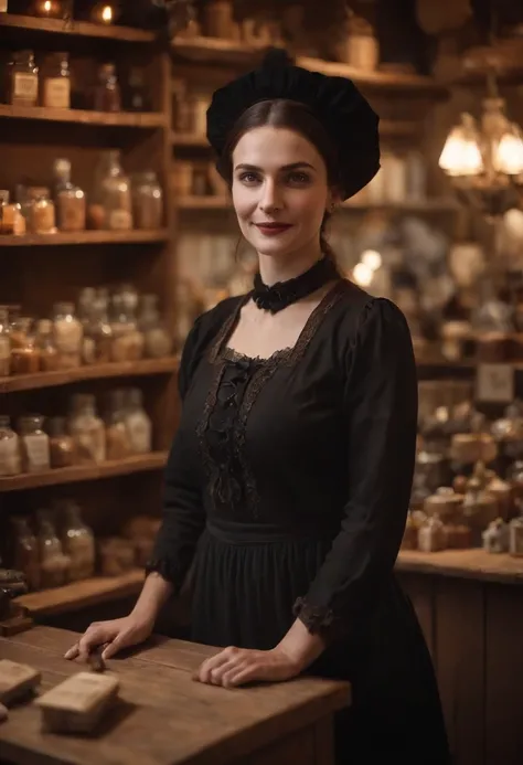 A witch stands behind the counter of her shop, greeting customers with a warm smile.