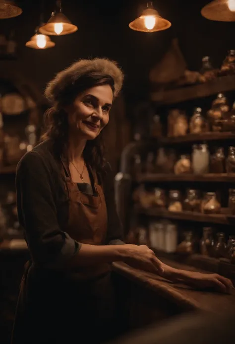 A witch stands behind the counter of her shop, greeting customers with a warm smile.