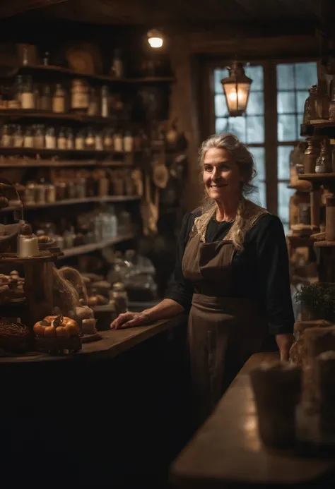 A witch stands behind the counter of her shop, greeting customers with a warm smile.