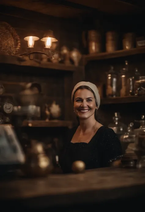 A witch stands behind the counter of her shop, greeting customers with a warm smile.