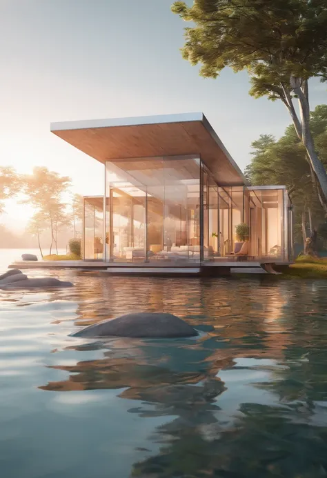 In the middle of the lake is a square glass house，Adopt the technology of the future,Pure white background 8k