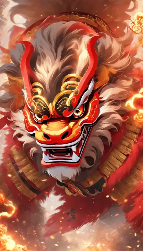 Traditional Chinese culture，1girll，lion dance，Awaken the lion，characteristic，The facial features are delicate and beautiful，The black and red lion head is worn on the head，Dance the lions head with both hands，jubilation，